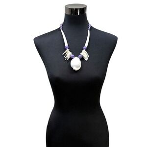 Sea Shell Statement Necklace Purple Beads Boho Costume Fashion Jewelry 13.5 in L